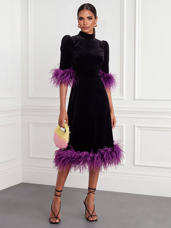 Sheath/Column Cocktail Dresses High Neck Half Sleeves Tea-Length Velvet Formal Dresses With Feathers/Back Zipper