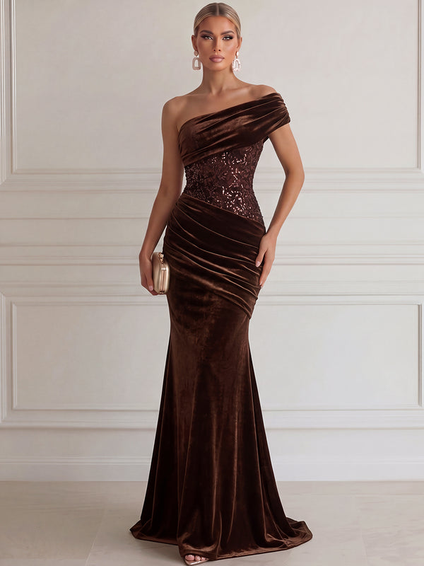 Sheath/Column Evening Dresses Elegant Velvet Dresses One-Shoulder Sleeveless Floor-Length Luxury Dresses with Sequin/Back Zipper