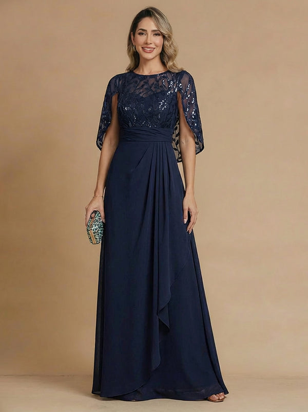 A-Line/Princess Mother of the Bride Dresses Scoop Neck Short Sleeves Floor-Length Formal Floral Printed/Chiffon Dresses With Pleats&Back Zipper