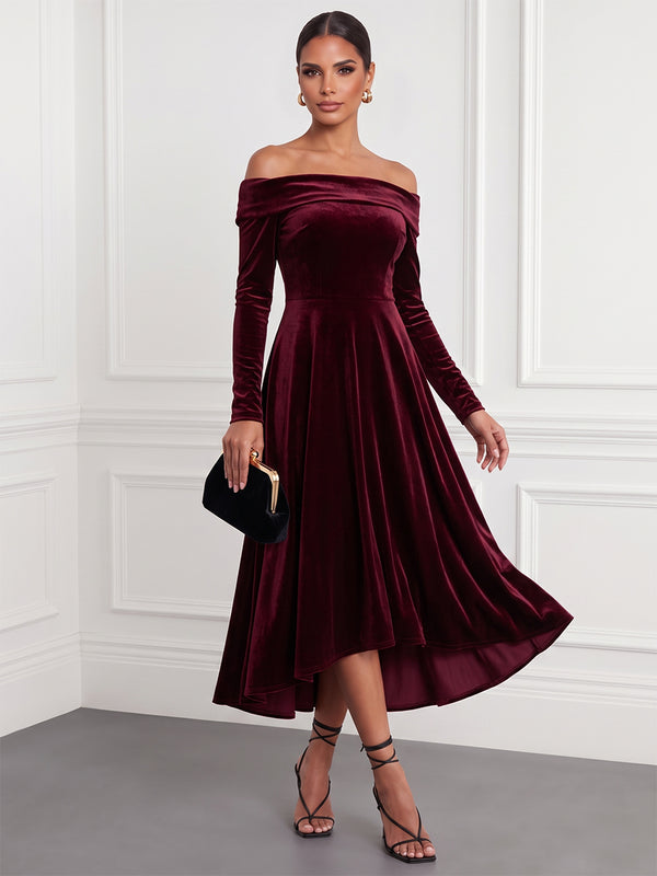 A-Line/Princess Cocktail Dresses Velvet Off-the-Shoulder Long Sleeves Tea-Length Formal Dresses With Pleats/Back Zipper