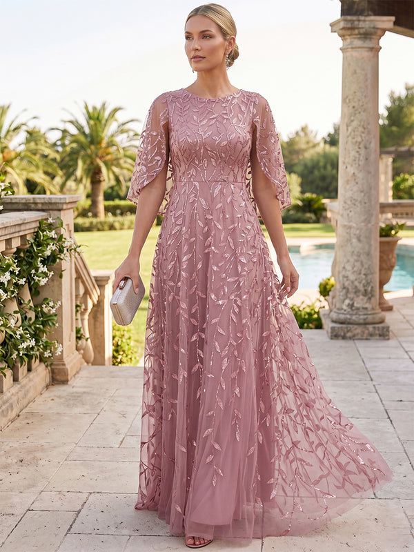 A-Line/Princess Mother of the Bride Dresses Formal Dresses Scoop Neck Short Sleeves Floor-Length Floral Printed Dresses With Pleats/Back Zipper