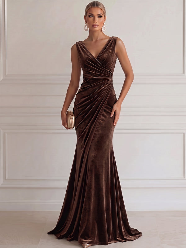 Sheath/Column Evening Dresses Elegant V-Neck Sleeveless Floor-Length Luxury Velvet Dresses with Pleats/Back Zipper