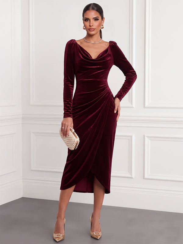 Sheath/Column Cocktail Dresses Velvet Cowl Neck Long Sleeves Tea-Length Formal Dresses With Pleats/Back Zipper