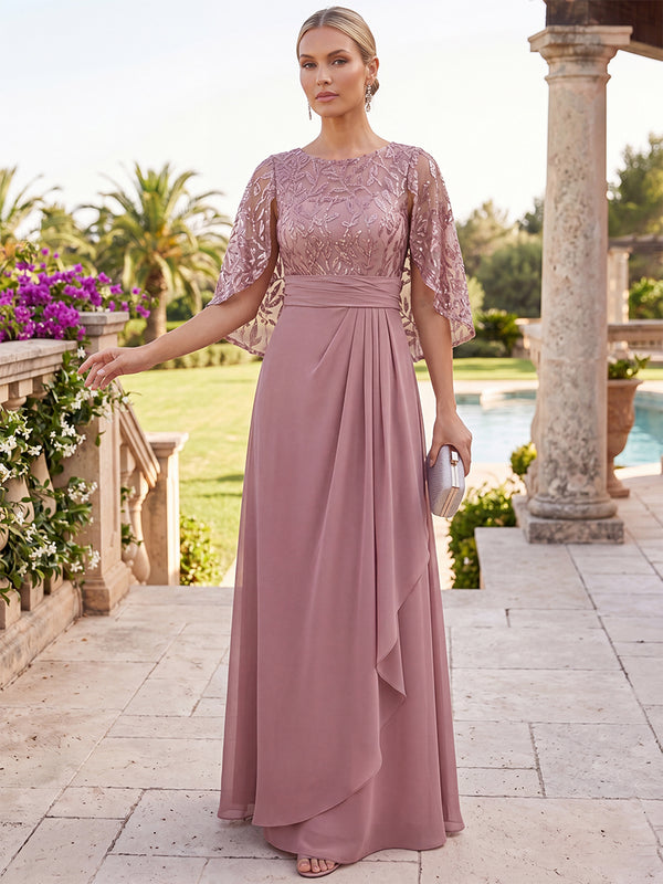 A-Line/Princess Mother of the Bride Dresses Formal Dresses Scoop Neck Short Sleeves Floor-Length Floral Printed/Chiffon Dresses With Pleats&Back Zipper