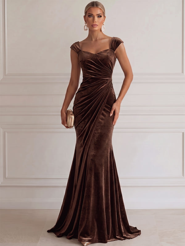Sheath/Column Evening Dresses Elegant Square Neck Sleeveless Floor-Length Luxury Velvet Dresses with Pleats/Back Zipper