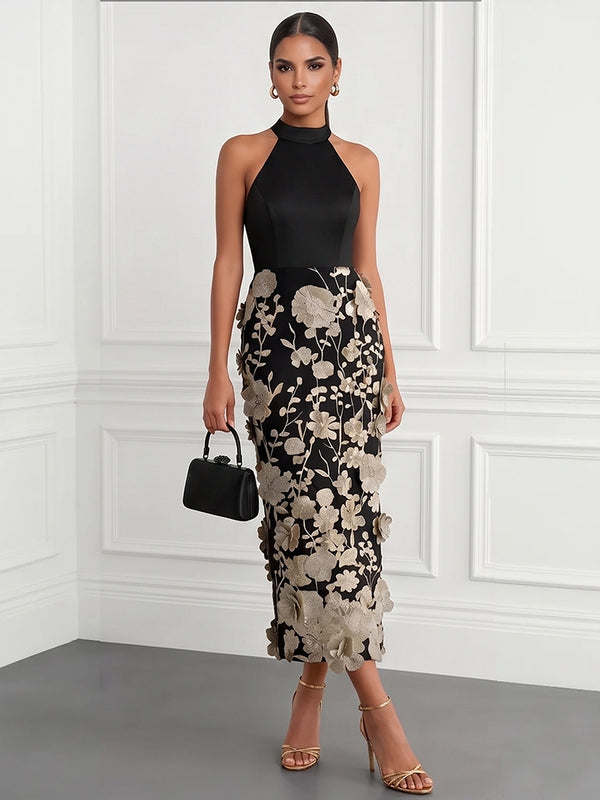 Sheath/Column Cocktail Dresses Satin Halter Sleeveless Tea-Length Wedding Guest Dresses With Floral Appliques/Back Zipper