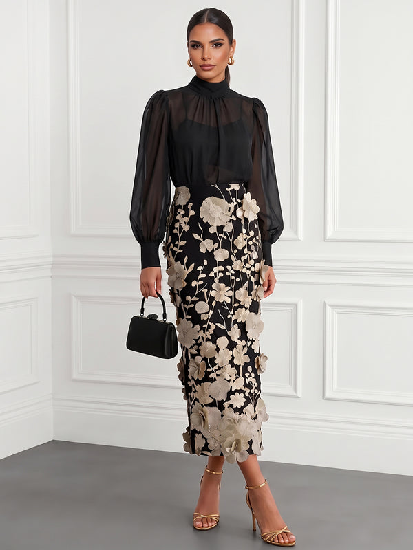 Sheath/Column Cocktail Dresses Tulle High Neck Long Sleeves Tea-Length Formal Dresses With Floral Appliques/Back Zipper
