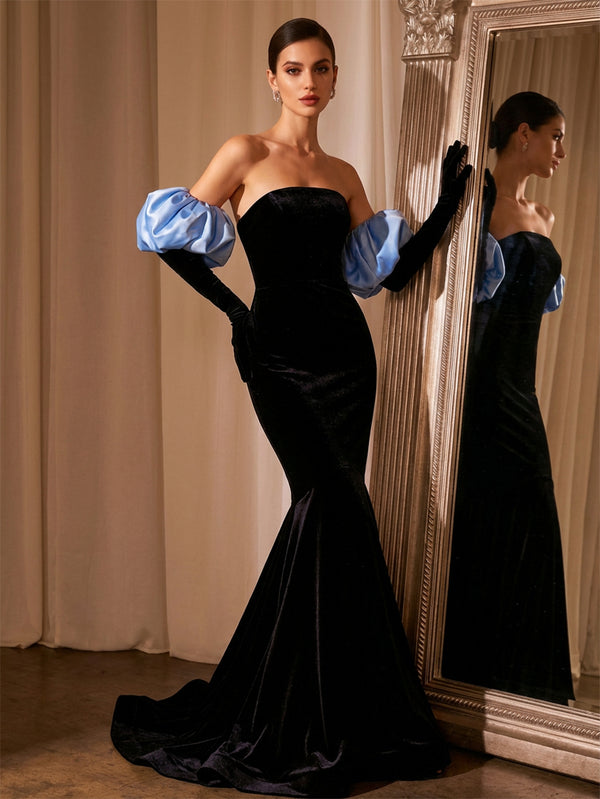 Trumpet/Mermaid Evening Dresses Strapless Sleeveless Sweep Train Velvet Formal/Gala Dresses With Gloves/Back Zipper