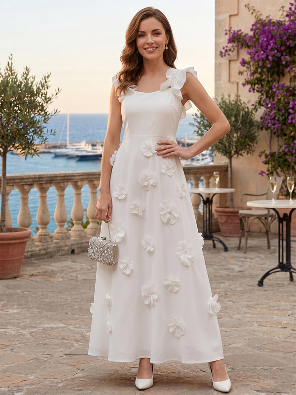 A-Line/Princess Cocktail Dresses Satin Dresses Scoop Neck Sleeveless Ankle-Length Floral Dresses With 3D Flowers/Back Zipper