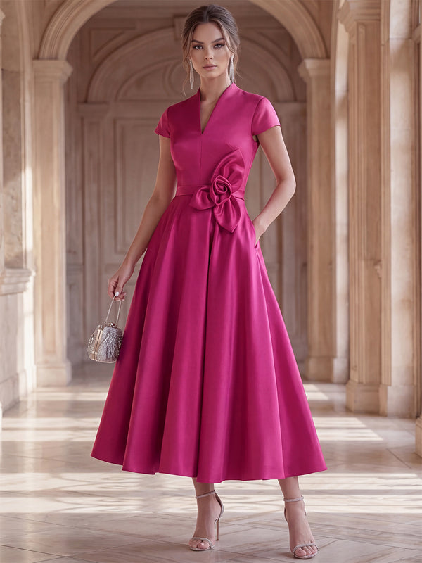 A-Line/Princess Cocktail Dresses Satin Dresses V-Neck Short Sleeves Tea-Length Formal Dresses With 3D Flower/Back Zipper