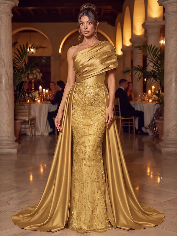 Trumpet/Mermaid Evening Dresses Satin One-Shoulder Sleeveless Floor-Length Dresses With Sequin/Pleats/Overskirt/Back Zipper