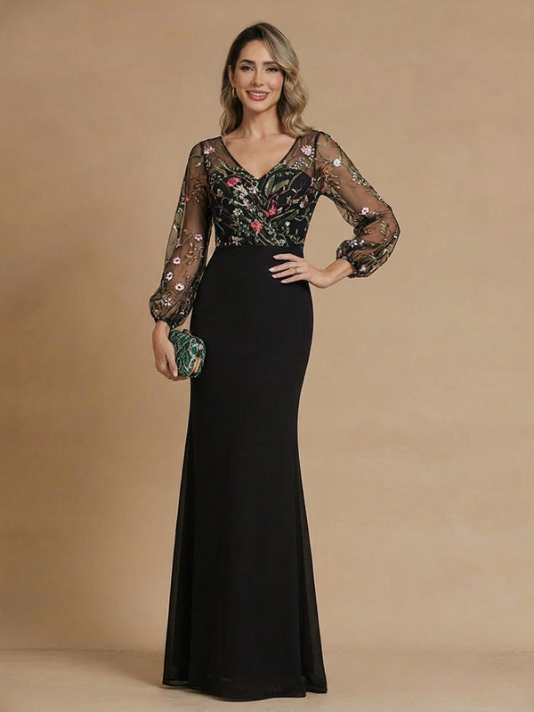 A-Line/Princess Mother of the Bride Dresses Satin V-Neck Lace Long Sleeves Floor-Length With Floral Printed/Back Zipper