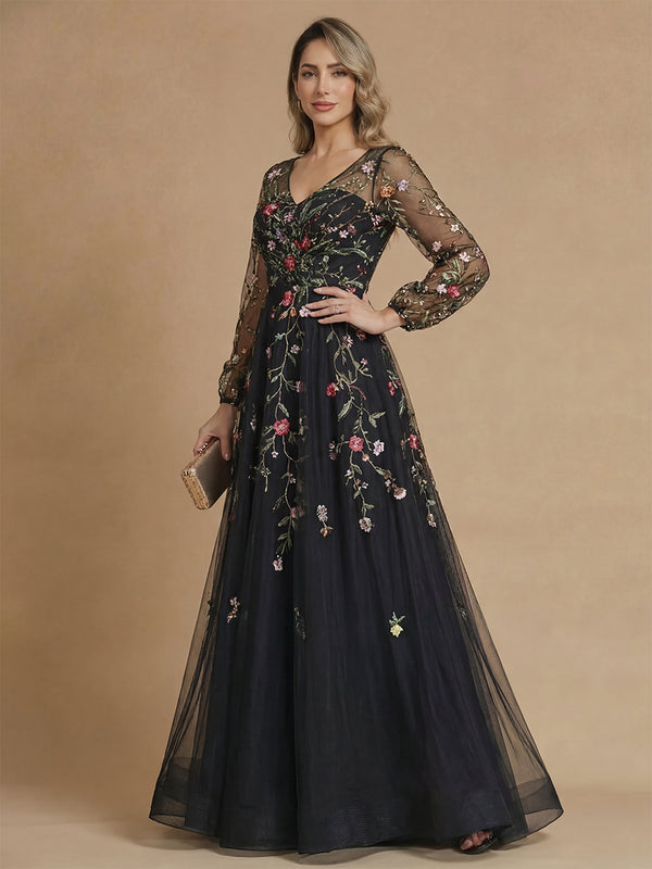 A-Line/Princess Mother of the Bride Dresses Tulle V-Neck Long Sleeves Floor-Length With Lace Appliques/Back Zipper