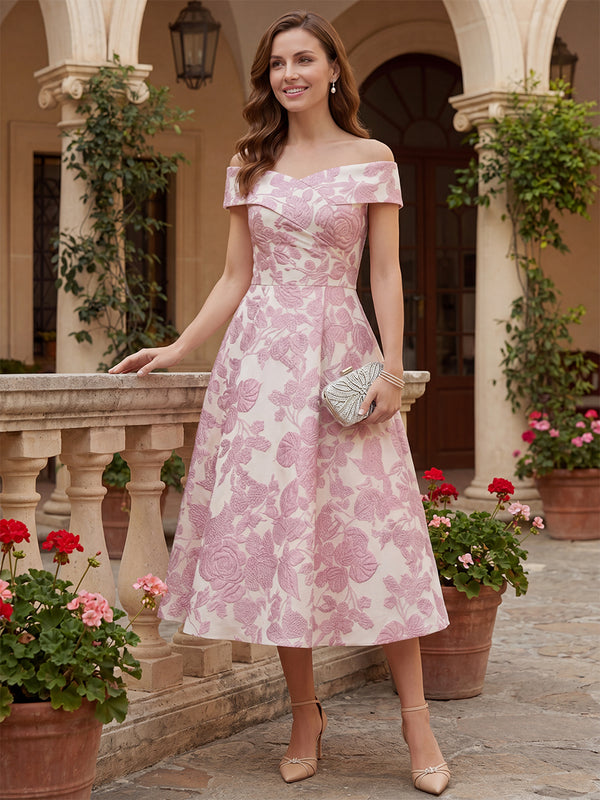 A-Line/Princess Cocktail Dresses Floral Dresses Off-The-Shoulder Sleeveless Tea-Length Satin Jacquard Dresses With Pleats/Back Zipper
