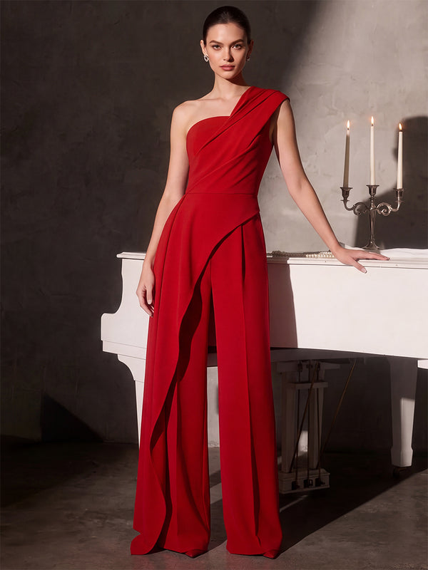 Sheath/Column Evening Dresses/Jumpsuit One-Shoulder Sleeveless Floor-Length Stretch Crepe Formal Dresses With Pleats Ruched
