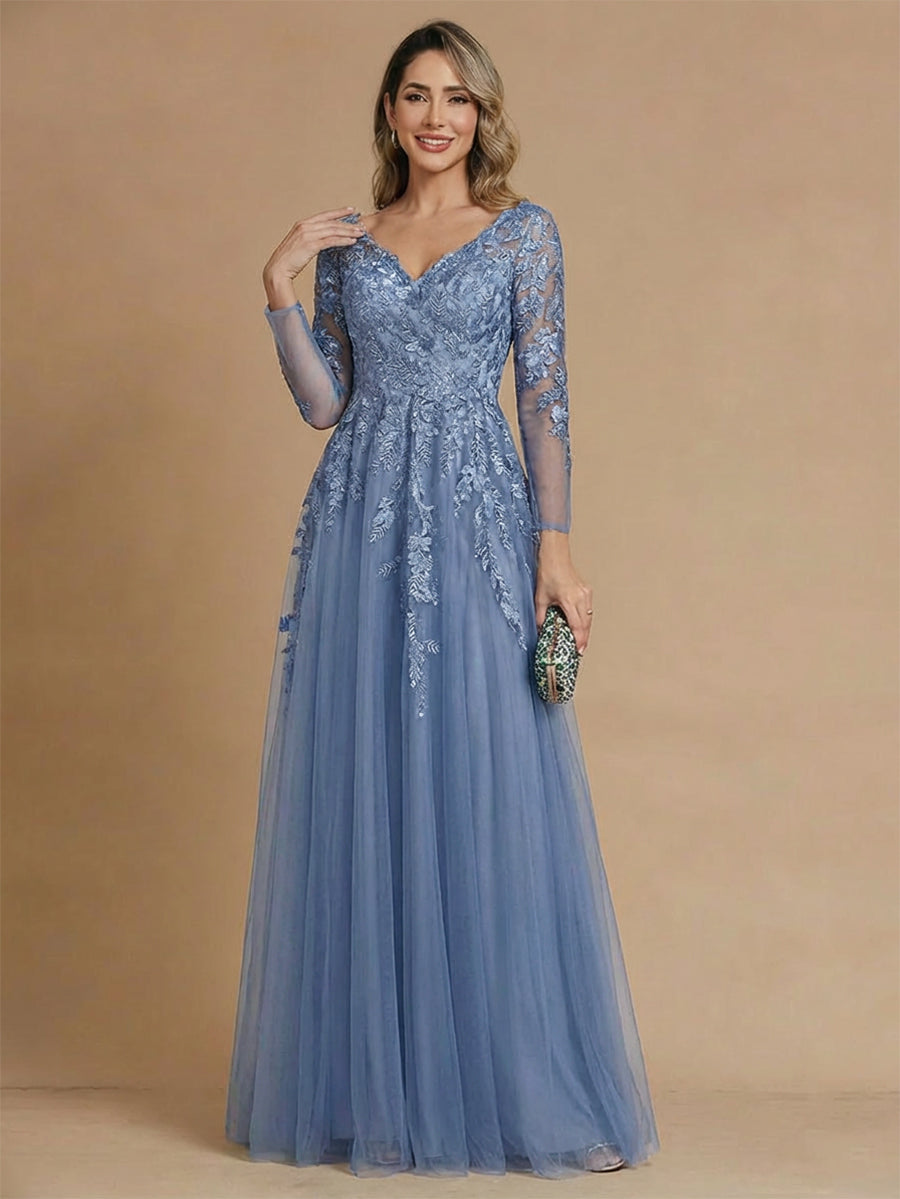 A-Line/Princess Mother of the Bride Dresses V-Neck Long Sleeves Floor ...