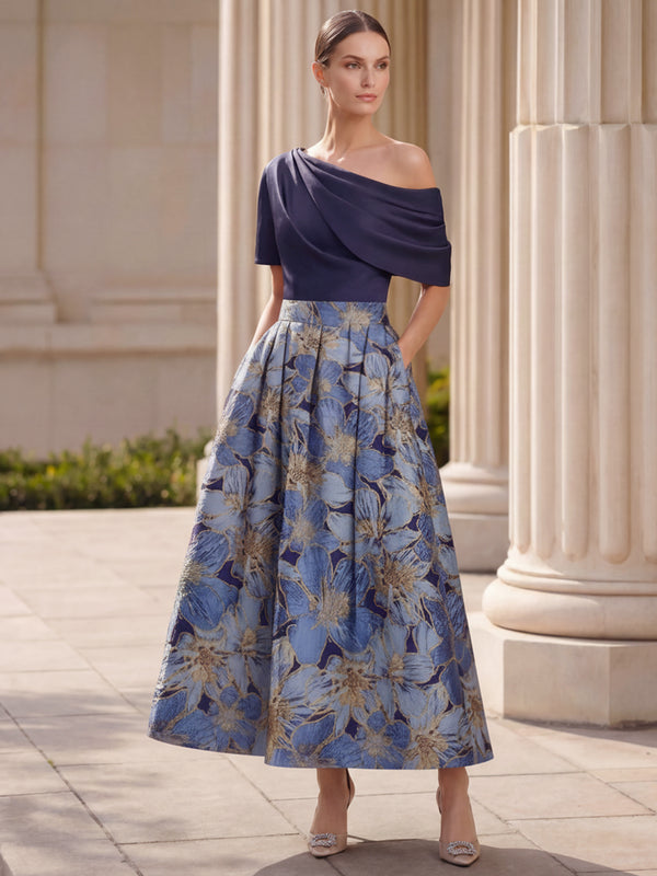 A-Line/Princess Cocktail Dresses Formal Dresses One-Shoulder Half Sleeves Ankle-Length Satin Floral Dresses With Pleats&Pockets