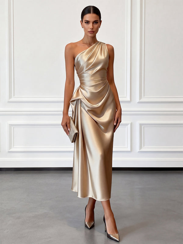 A-Line/Princess Cocktail Dresses Satin One-Shoulder Sleeveless Tea-Length Wedding Guest Dresses With Pleats/Back Zipper