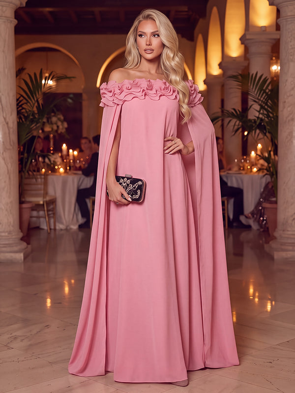 A-Line/Princess Evening Dresses Chiffon Dresses Off-the-Shoulder Floor-Length Wedding Guest Dresses With Ruffles/Back Zipper