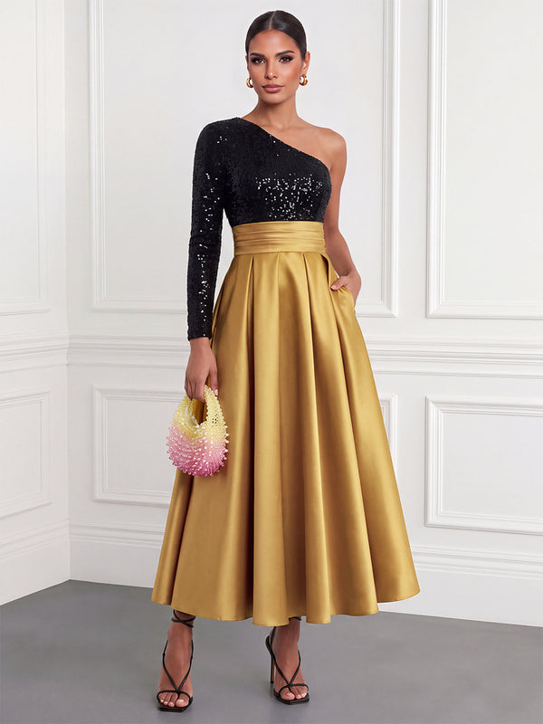 A-Line/Princess Cocktail Dresses One-Shoulder Long Sleeves Tea-Length Satin Formal Dresses With Sequin/Pleats/Pockets/Back Zipper