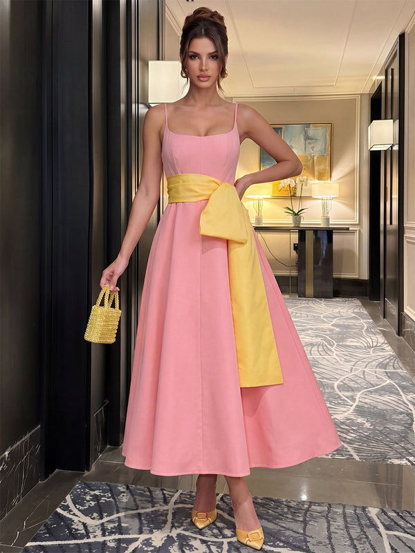 A-Line/Princess Cocktail Dresses Satin Square Neck Sleeveless Tea-Length Wedding Guest Dresses With Pleats/Back Zipper