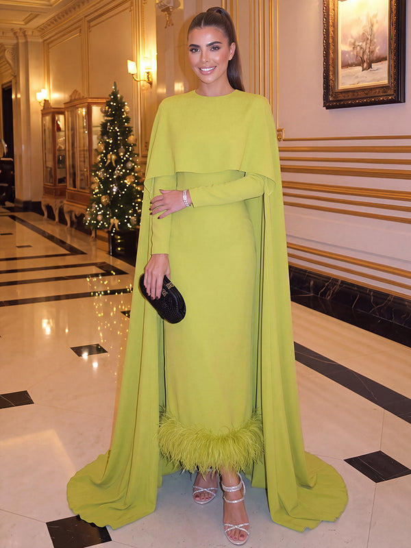 2 Pieces A Line/Princess Evening Dresses Scoop Neck Long Sleeves Floor-Length Satin Dresses With Feather/Cape/Back Zipper