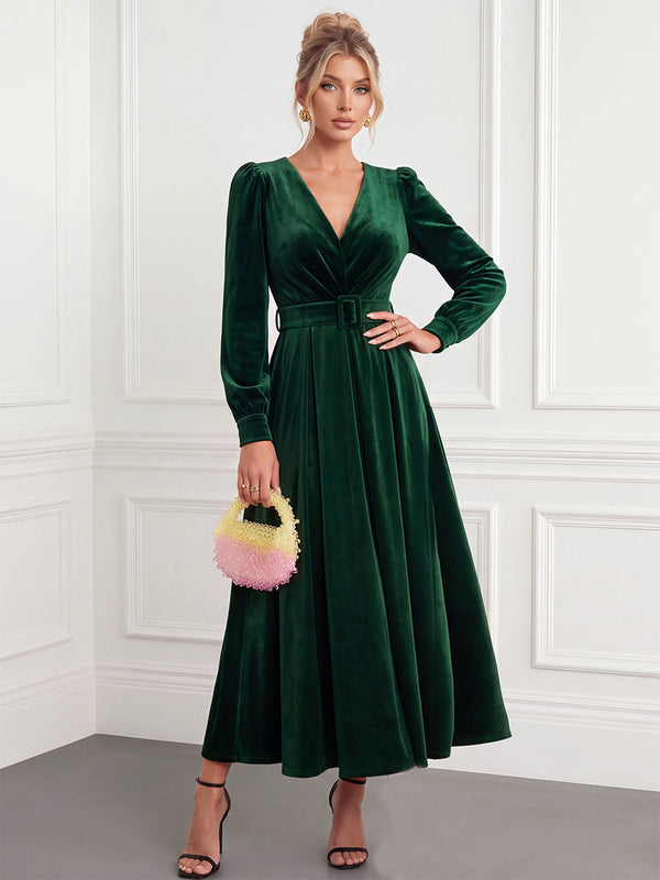 A-Line/Princess Cocktail Dresses Velvet V-Neck Long Sleeves Tea-Length Formal Dresses With Belt/Pleats/Back Zipper