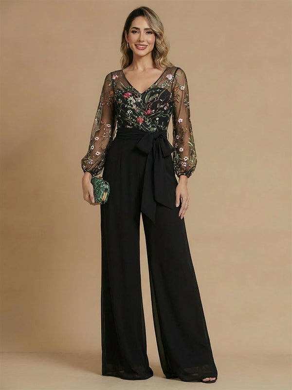 2 Pieces Mother of the Bride Pansuits Chiffon V-Neck Lace Long Sleeves Floor-Length With Floral Printed/Back Zipper