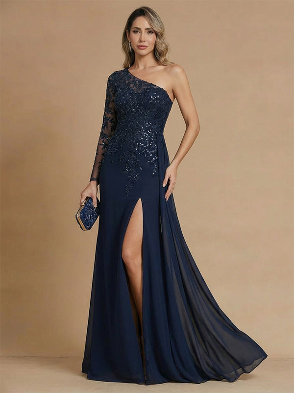 A-Line/Princess Mother of the Bride Dresses One-Shoulder Long Sleeves Floor-Length Formal Chiffon Dresses With Side Split/Back Zipper/Appliques Lace