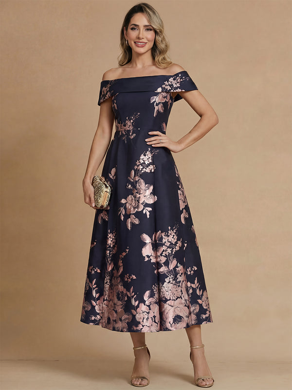 A-Line/Princess Mother of the Bride Dress Jacquard Dresses Off-the-Shoulder Sleeveless Tea-Length Elegant Formal Dresses/Floral Dresses With Back Zipper/Pleated