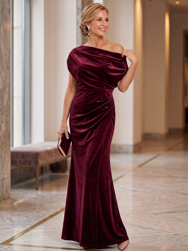 Sheath/Column Mother Of The Bride Dresses Elegant One-Shoulder Sleeveless Floor-Length Luxury Velvet Dresses  with Full Back