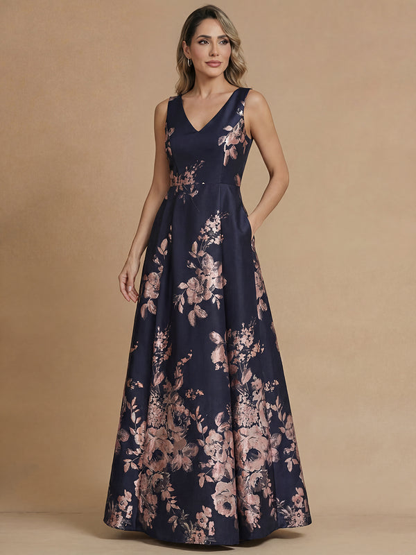 A-Line/Princess Mother of the Bride Dresses/Floral Dresses Jacquard Dresses V-Neck Sleeveless Floor Length Elegant Formal Dresses With Back Zipper/Pleated/Pockets