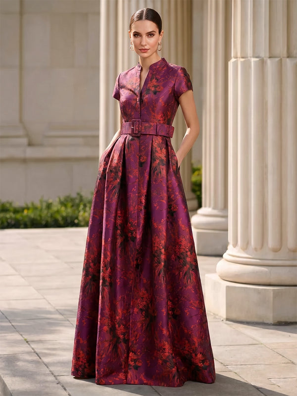 A-Line/Princess Evening Dresses Satin Jewel Neck Short Sleeves Floor-Length Mother Of The Bride Dresses With Pockets/Back Zipper