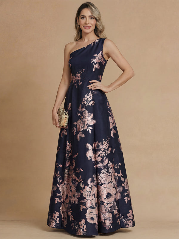 A-Line/Princess Mother of the Bride Dresses/Floral Dresses Jacquard Dresses One-Shoulder Sleeveless Floor Length Elegant Formal Dresses With Back Zipper/Pleated