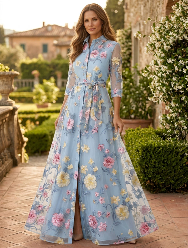 A-Line/Princess Mother Of The Bride Dresses Tulle Jewel Neck 3/4 Sleeves Floor-Length Floral Dresses With Belt/Back Zipper