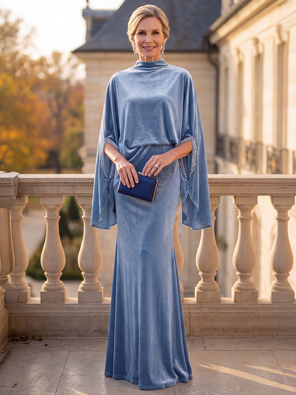 2 Pieces Sheath/Column Mother Of The Bride Dresses Elegant High Neck Long Sleeves Floor-Length Luxury Velvet Dresses  with Full Back