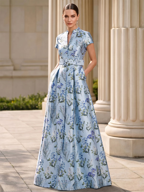A-Line/Princess Evening Dresses Satin Jewel Neck Short Sleeves Floor-Length Formal Dresses With Pockets/Belt/Back Zipper