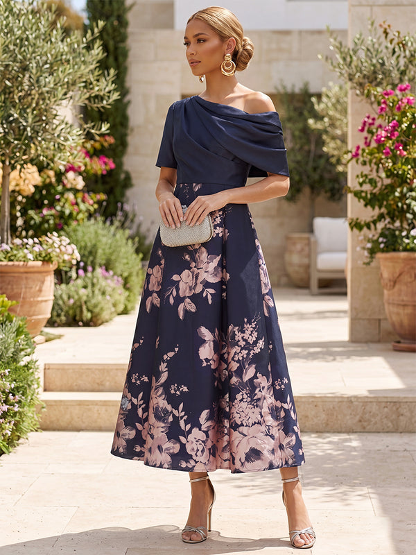 A-Line/Princess Mother of the Bride Dress Floral Printed Dresses One-Shoulder Short Sleeves Tea-Length Elegant Formal Dresses/Floral Dresses With Back Zipper/Pleated/Pockets