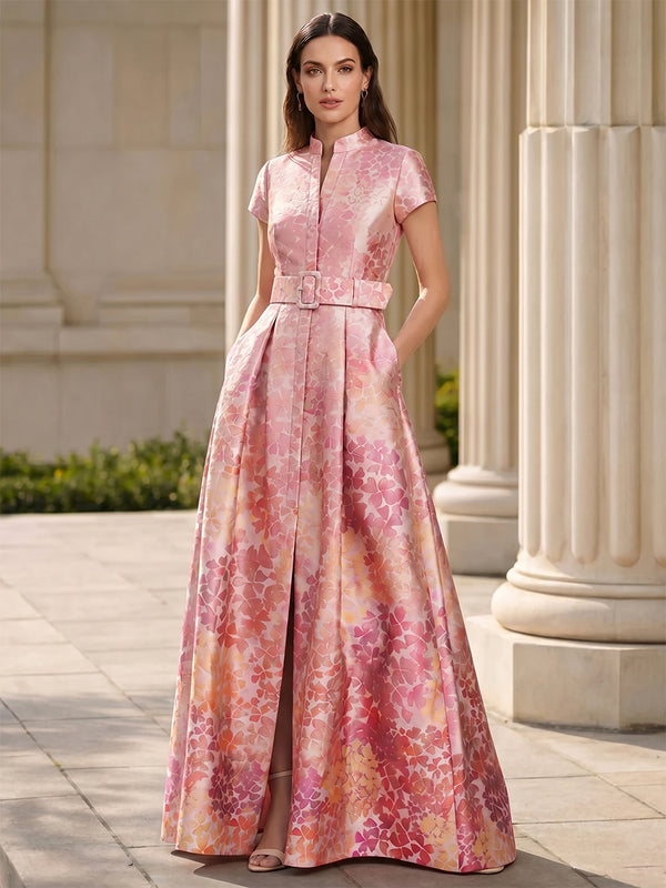 A-Line/Princess Evening Dresses Satin Jewel Neck Short Sleeves Floor-Length Floral Printed Formal Dresses With Pockets/Belt/Back Zipper