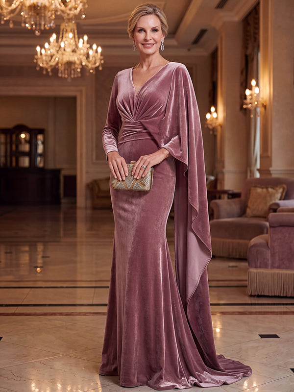 Sheath/Column Mother Of The Bride Dresses Elegant V-Neck Long Sleeves Floor-Length Luxury Velvet Dresses  with Back Zipper