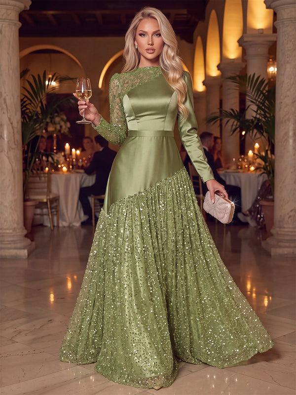 A-Line/Princess Evening Dresses Scoop Neck Long Sleeves Floor-Length Sequin&Satin Dresses With Pleats/Back Zipper