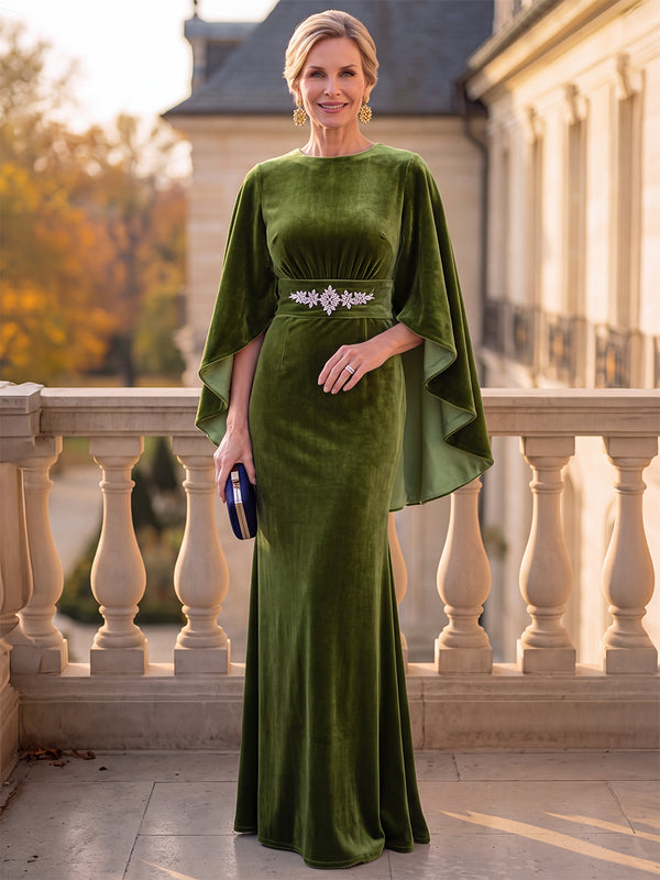 Sheath/Column Mother Of The Bride Dresses Elegant Scoop Neck Half Sleeves Floor-Length Luxury Velvet Dresses  with Back Zipper