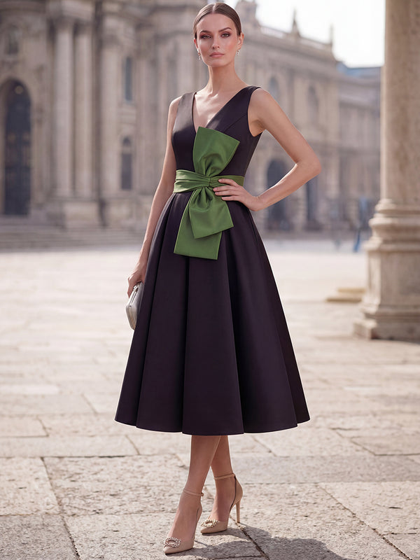 A-Line/Princess Mother of the Bride Dresses Cocktail Dresses V-Neck Sleeveless Tea-Length Satin Dresses With Pleats/Bow/Back Zipper