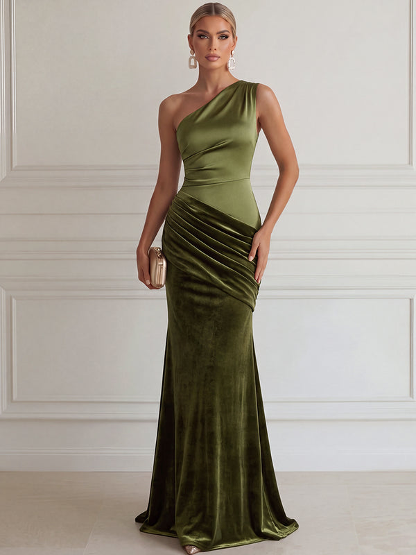 Sheath/Column Evening Dresses Elegant One-Shoulder Sleeveless Floor-Length Luxury Velvet Dresses  with Back Zipper