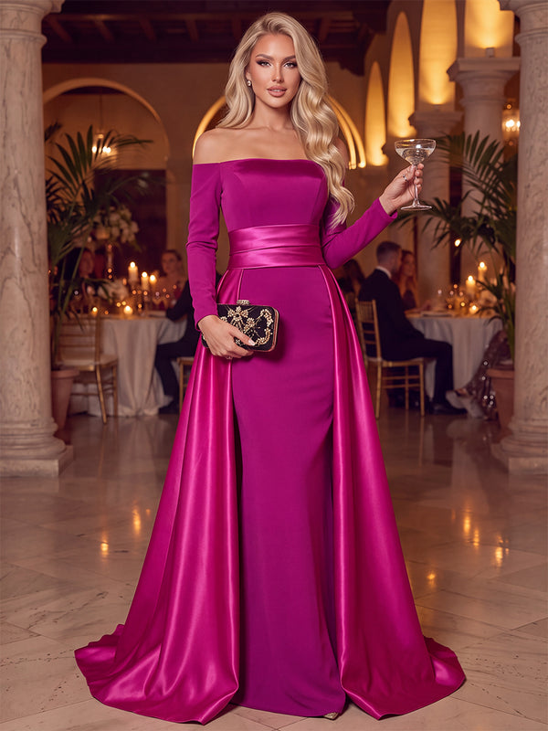 A-Line/Princess Evening Dresses Stretch Crepe Off-the-Shoulder Long Sleeves Floor-Length Dresses With Satin Overskirt/Back Zipper