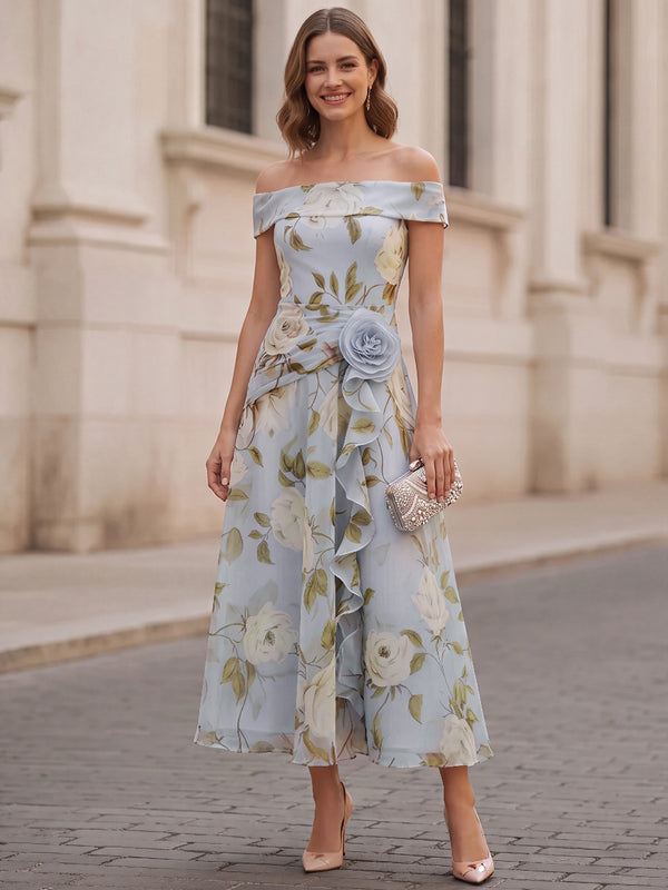 A-Line/Princess Cocktail Dresses Chiffon One-Shoulder Sleeveless Tea-Length Floral Dresses With Floral Printed/3D Flower/Back Zipper