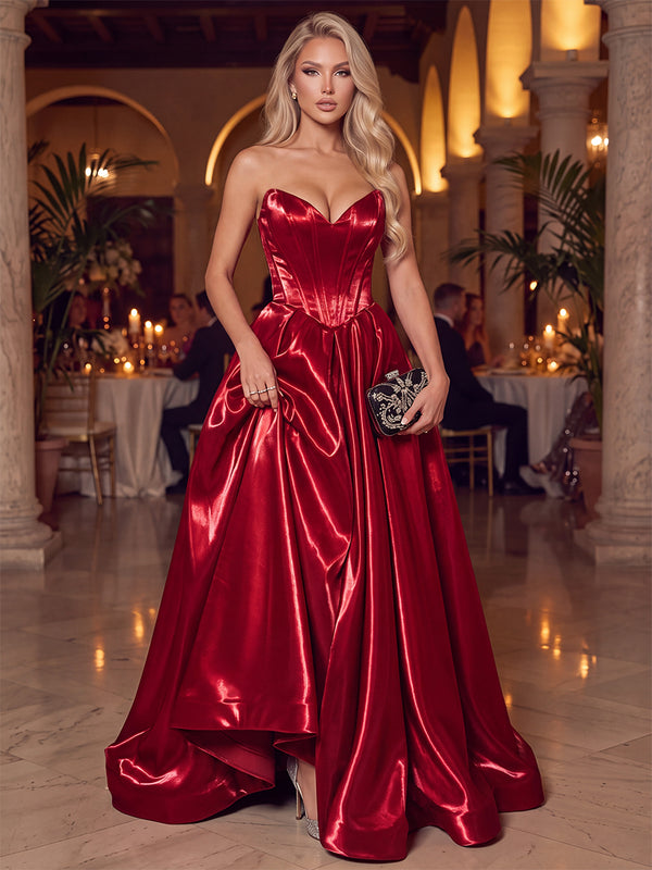 A-Line/Princess Evening Gown Christmas Dresses Liquid Satin Sweetheart Sleeveless Floor-Length Gala Dresses with Corset/Pleats/Back Zipper