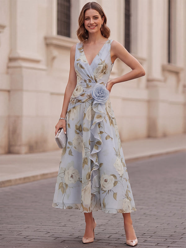A-Line/Princess Cocktail Dresses Chiffon V-Neck Sleeveless Tea-Length Floral Dresses With Floral Printed/3D Flower/Back Zipper
