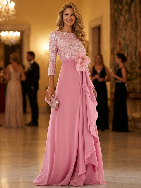 A-Line/Princess Mother Of The Bride Dresses Chiffon Scoop Neck 3/4 Sleeves Floor-Length Evening Dresses With Sequin/Feather/Back Zipper