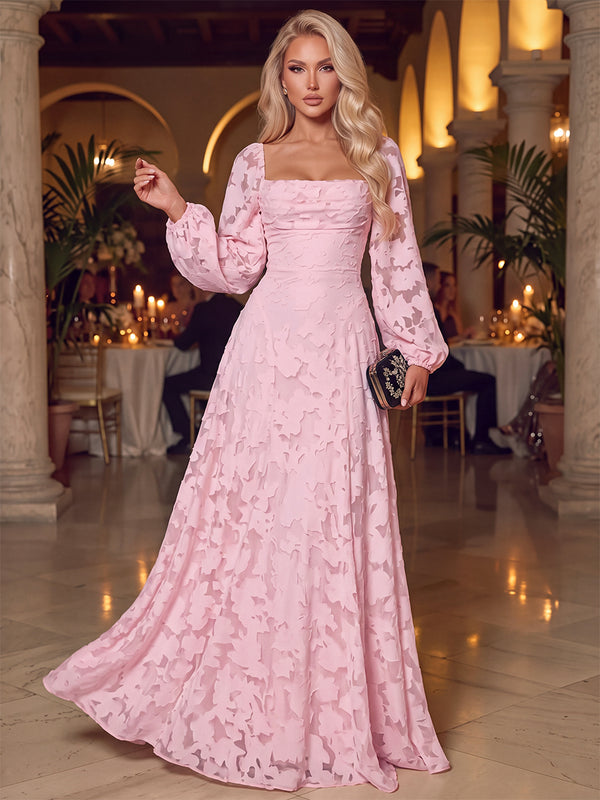 A-Line/Princess Evening Dresses Square Neck Long Sleeves Floor-Length Floral Printed Dresses With Pleats/Back Zipper